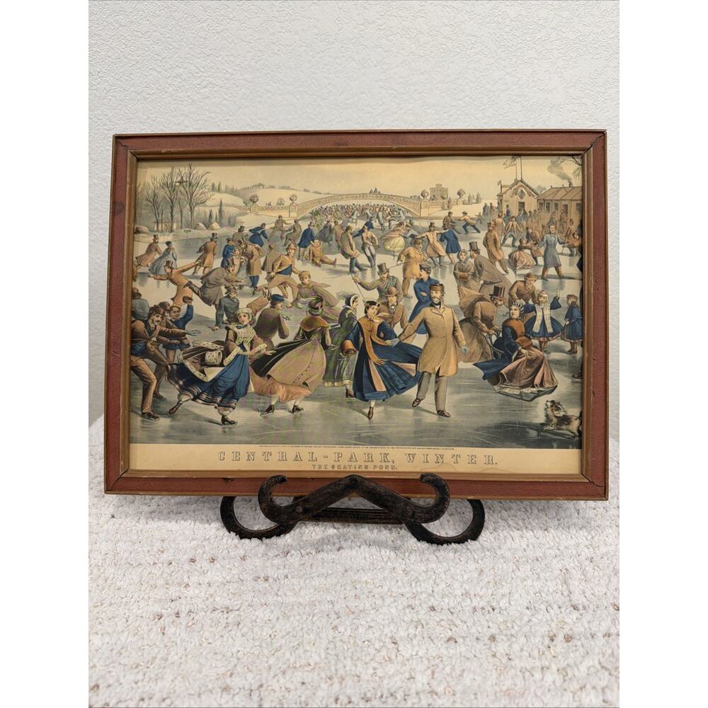 Antique 16x12 CENTRAL PARK WINTER THE SKATING POND 1862 Charles Parsons Currier